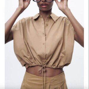 Zara -  Camel Sleeveless Cropped Tie Waist Buttondown - NWT- S
